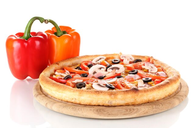 快餐香喷喷的披萨 蔬菜和白色隔离顶部采取西红柿