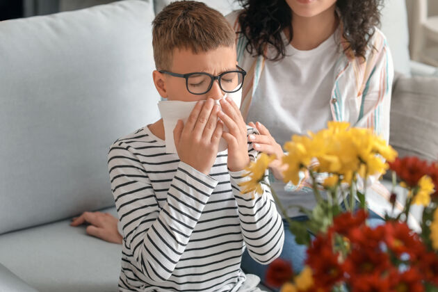 反应家里有花粉过敏的女人和儿子孩子痛苦护理