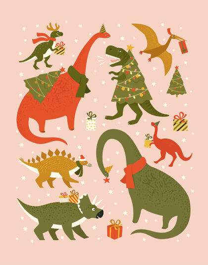 卡通戴圣诞帽的恐龙装饰圣诞树花环灯野兽怪物恐龙
