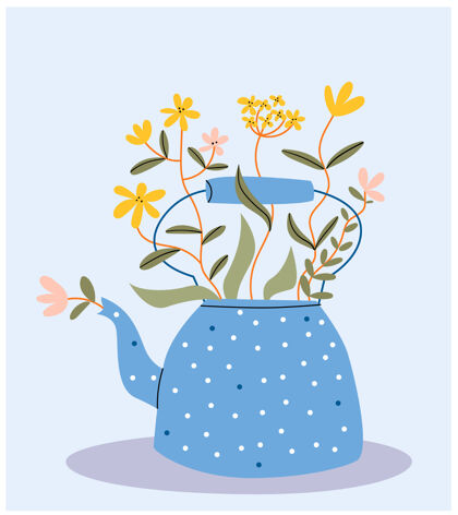 花蓝点野黄茶壶花可爱花束茶壶斯堪的纳维亚人花叶