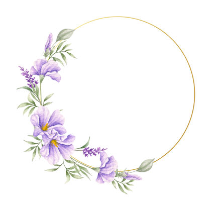 手绘紫色的野春花叶架圆圈水彩花