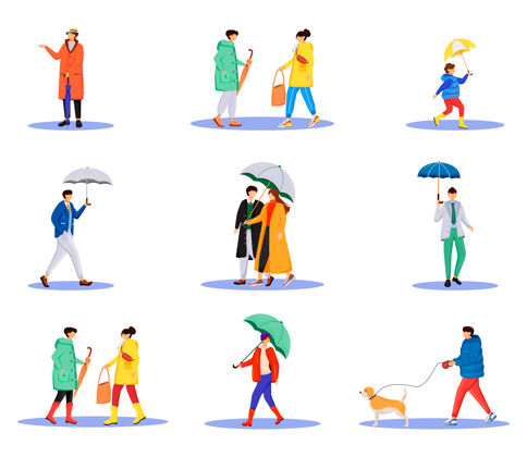 散步人们用雨伞平色无脸人物集卡通狗雨衣
