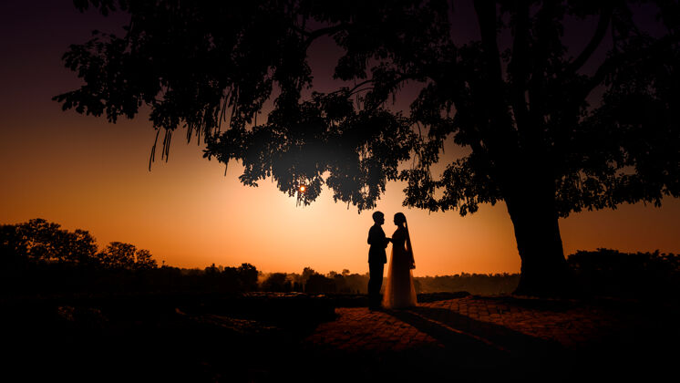 情人节在黄昏的天空中 一对相爱的新婚夫妇在夕阳中亲吻和牵手的剪影天空在一起新娘