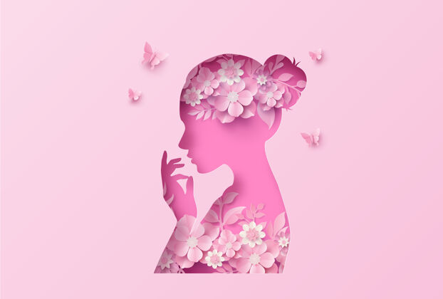 蝴蝶3月8日国际妇女节 花叶相框 纸艺风格剪影妇女节女人