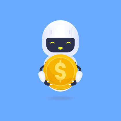虚拟手持金币的白人友好机器人现金金融投资