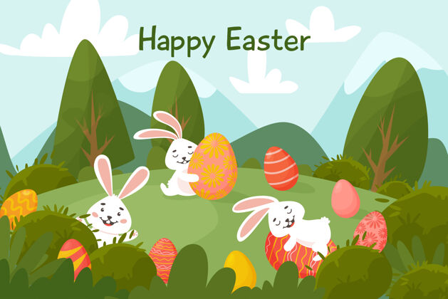 草草地上的复活节兔子和鸡蛋复活节可爱贺卡