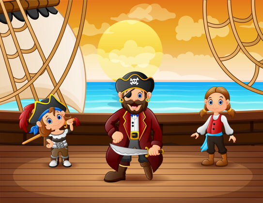 船船长在海里的海盗船船海边海洋