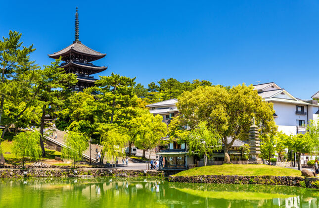京都日本奈良的五层宝塔上有一座五层宝塔湖泊旅游旅游