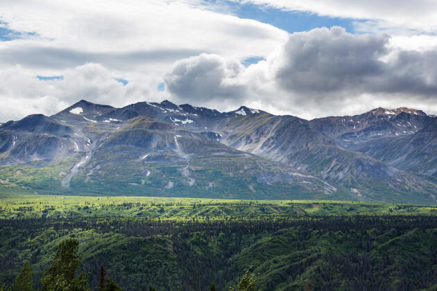 雪美国阿拉斯加风景如画的山脉夏天下雪覆盖着山丘 冰川和岩石山峰冒险户外地毯