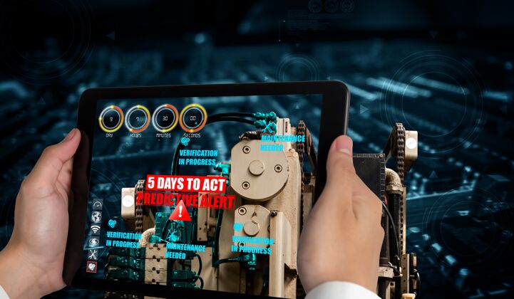 虚拟现实工程师在智能工厂生产线上使用增强现实软件虚拟工艺工程师