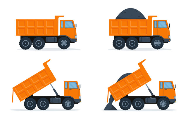 卡车一套橙色的自卸卡车隔离在白色设置倾倒车辆