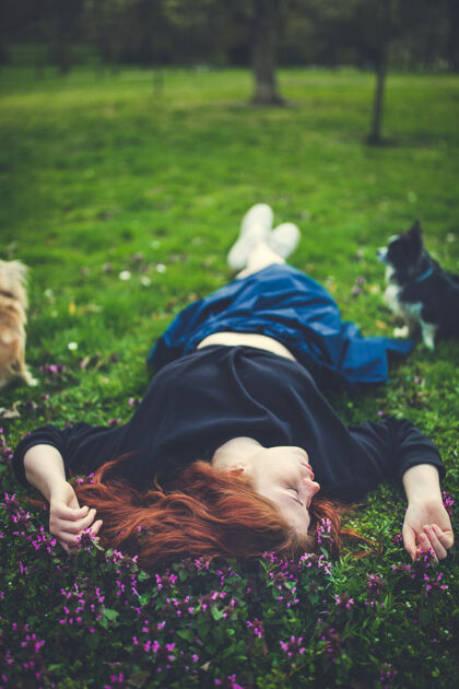 Swoosh美丽的红发年轻女子躺在草地上 抚摸着鲜花 狗在看她侧面室外肖像草女孩女性