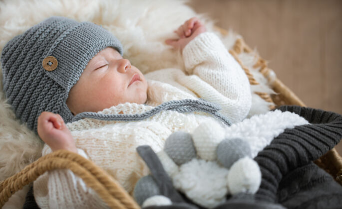 睡眠一个睡着的婴儿的肖像 戴着一顶温暖的针织帽子 把手上放着一个针织玩具童年男孩毯子