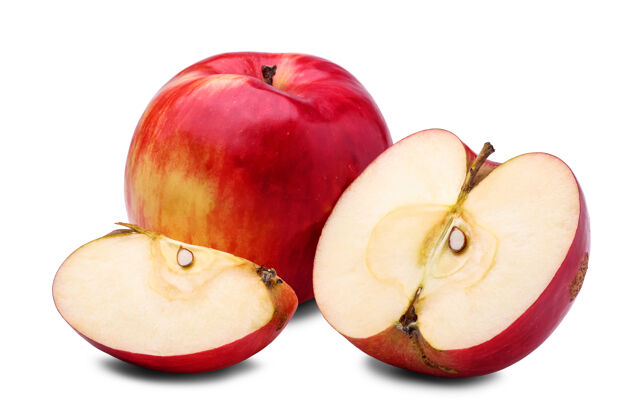 光明新鲜的红苹果 半片苹果 隔离在白色背景上苹果农业质地