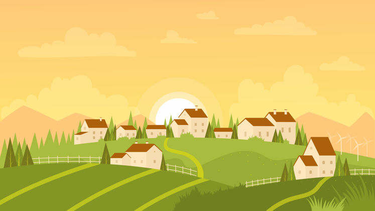 户外夏季景观与村庄和日出插图背景太阳夏天