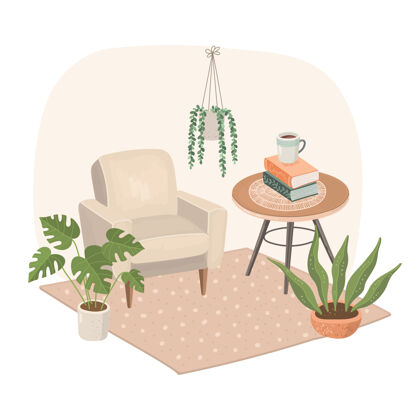 植物带扶手椅的现代家居内饰客厅房间舒适