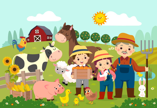 谷仓快乐的农民和农场里的小动物的卡通女孩猪农场