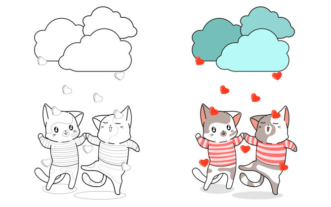 心可爱的情侣猫正在享受爱情雨卡通彩页动物宠物浪漫
