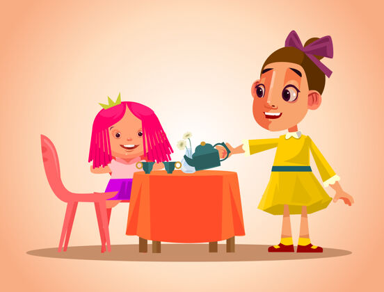 妈妈快乐微笑的小女孩角色扮演茶话会和照顾她的娃娃卡通桌子幼儿园快乐