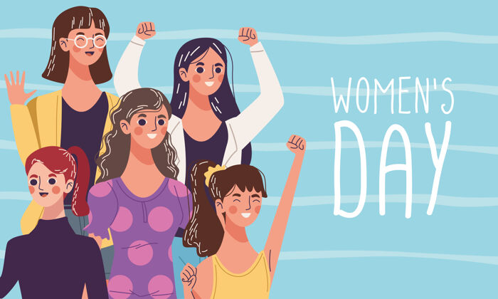 女性庆祝妇女节 五位年轻女性人物插画美女女孩矢量三月