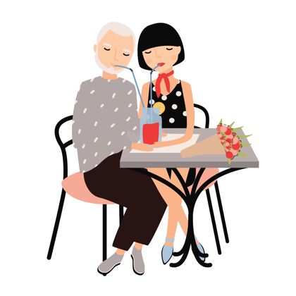 情侣一对男女坐在桌旁 一起喝着带吸管的鸡尾酒花女人在一起