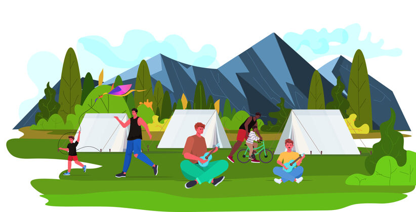 概念混血儿父亲花时间和孩子在野营旅行育儿父亲的概念景观背景全长水平风筝卡通爱