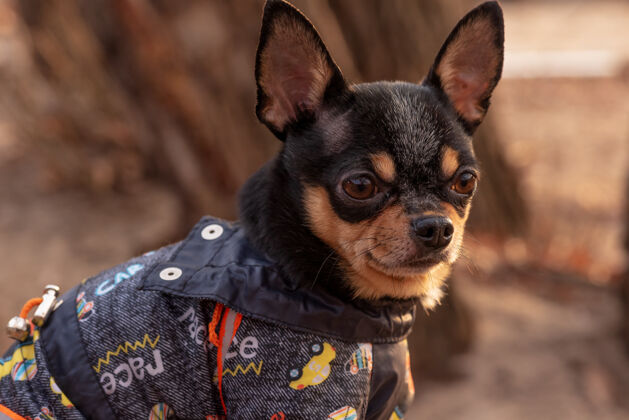 纯种穿衣服的狗走路可爱吉娃娃狗在户外毛衣.狗在冬天或秋天秋天小冬天