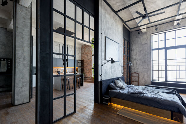 室内设计黑暗中的阁楼式豪华公寓颜色时尚现代卧室无人混凝土卧室