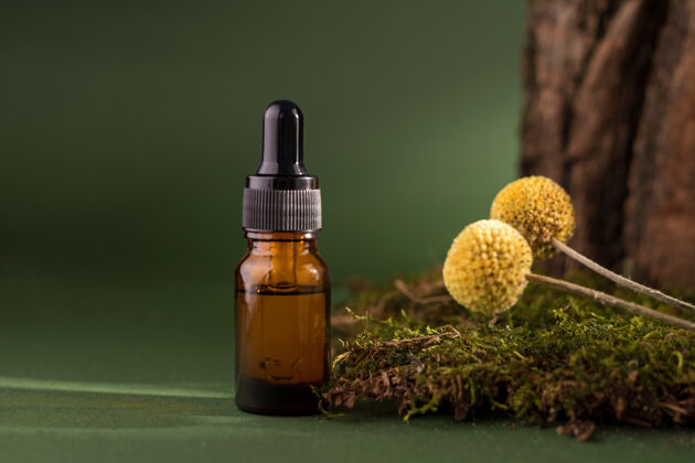 治疗木皮上有滴管的化妆瓶 苔藓上装饰着干景天 也称为比利球深绿色背景上有松树精油皮肤护理皮肤芳香疗法