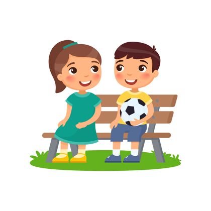 童年男孩拿着足球 女孩坐在长凳上孩子女孩友谊