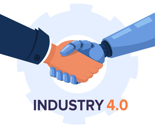 握手机器人和人类握手手 工业4.0和人工智能插图通信工厂合作伙伴