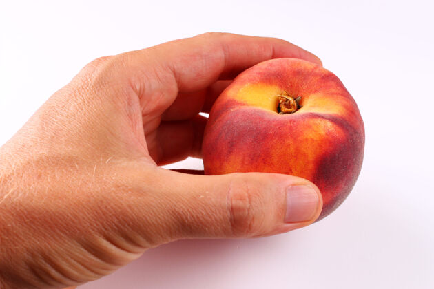 多汁的手拿桃子在白色表面特写油桃桃子有机