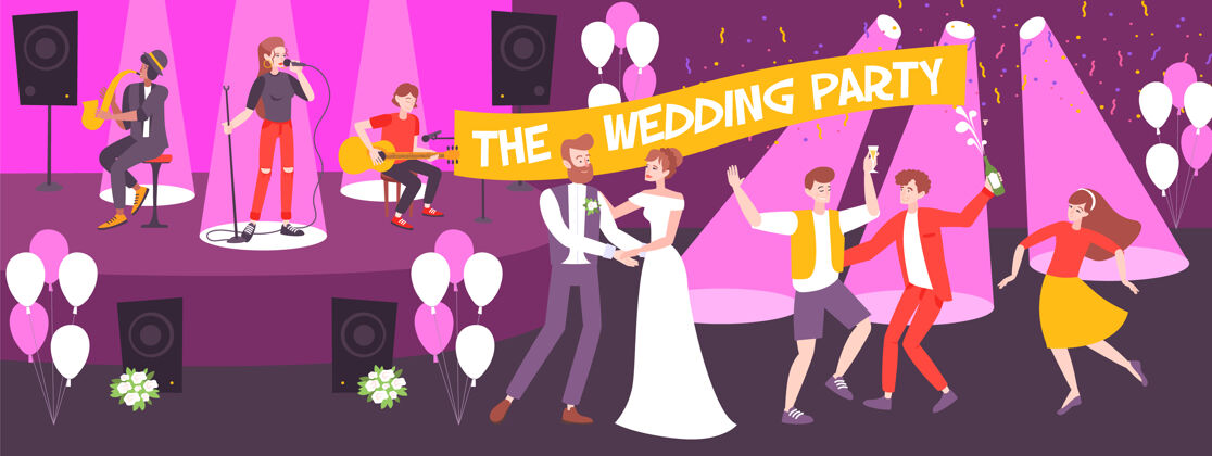 横幅婚礼派对在餐厅横幅与音乐家在舞台上跳舞的新婚夫妇和客人舞台客人派对