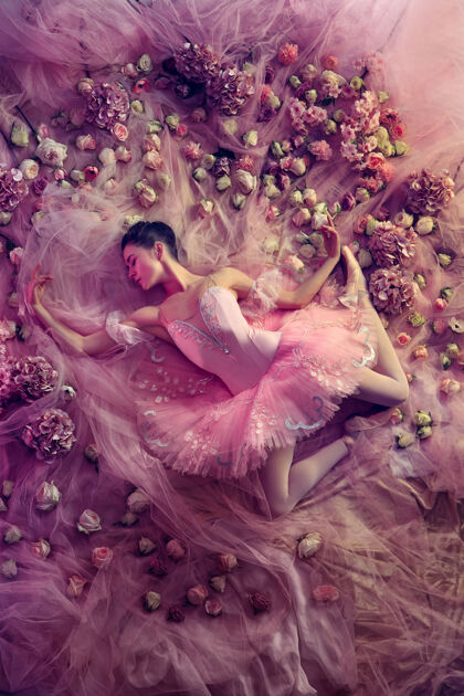 体操俯瞰美丽的年轻女子在粉红色芭蕾舞团图图周围的鲜花芭蕾舞艺术家粉彩