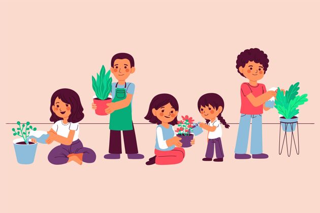 蔬菜卡通人一起照顾植物社会人园艺