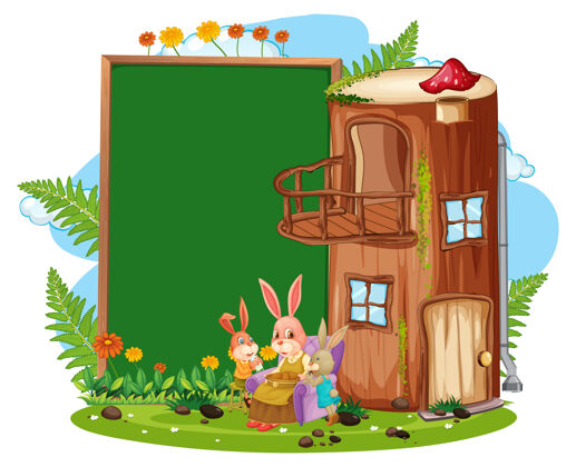 标牌花园里空白的横幅上有可爱的兔子场景动物故事