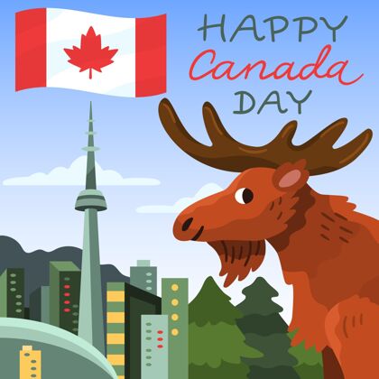 7月1日卡通加拿大日插画快乐加拿大日驼鹿卡通