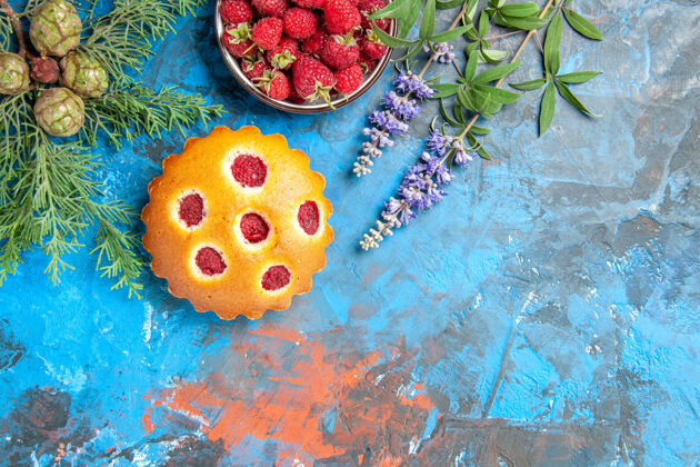 碗树莓蛋糕的顶视图 蓝色表面上有浆果和松树树枝的碗浆果覆盆子水果