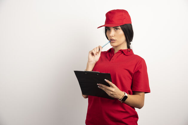制服穿着红色制服的女信使在想什么高质量的照片文件女性黑发