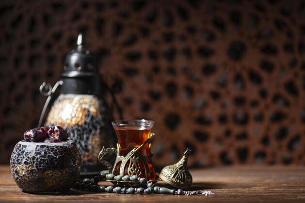 伊斯兰伊斯兰新年装饰与茶和日期传统庆祝活动文化
