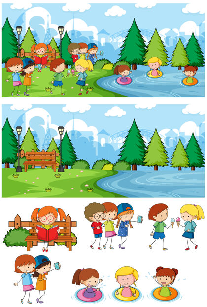 活动公园里的场景设置了许多孩子涂鸦的卡通人物隔离卡通树可爱