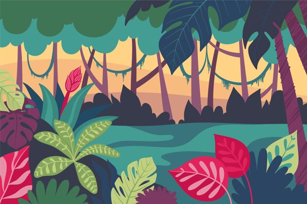 綠色植物卡通叢林背景自然叢林背景卡通背景