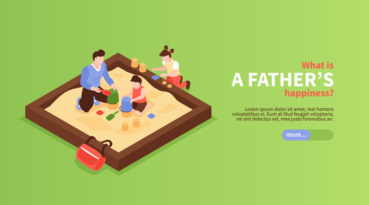 等长父亲的幸福横幅与爸爸和孩子在沙盒等距玩行动号召快乐玩