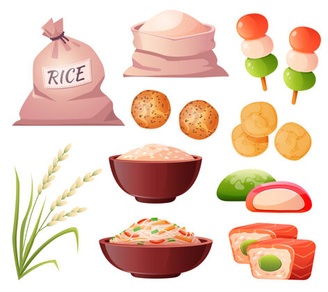 碗袋装大米 袋装面粉 谷穗和传统日本食品日本烹饪餐