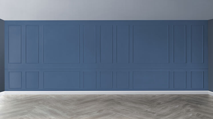 空白蓝色墙壁的空房间深蓝色极简主义硬木