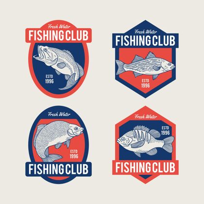 设置详细的老式钓鱼徽章收集包装收集捕鱼徽章