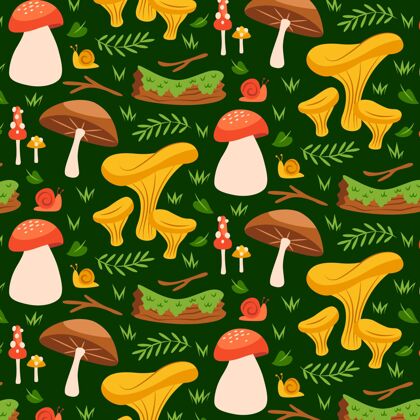 材料手绘蘑菇和植物图案背景无缝纹理