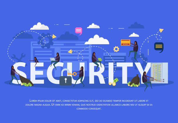 安全网络安全平台由各种黑客攻击电脑设备的蓝色背景插图组成蓝色数字保护