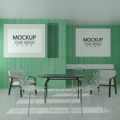 现代室内现代餐厅模型中的墙艺术或画框桌子酒吧图片