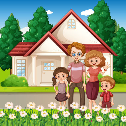 动作幸福的一家人站在房子前面活跃情感花园